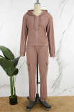 Pink Casual Solid Basic Hooded Collar Long Sleeve Two Pieces