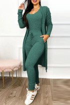 Green Casual Solid Basic U Neck Long Sleeve Two Pieces