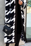 Black White Casual Plaid Patchwork Cardigan Collar Outerwear
