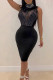 Black Elegant Solid Patchwork Hot Drill O Neck Pencil Skirt Dresses
