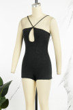 Black Sexy Solid Hollowed Out Backless Spaghetti Strap Skinny Romper