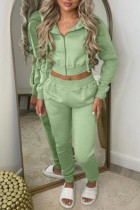 Fruit Green Casual Solid Basic Hooded Collar Long Sleeve Two Pieces