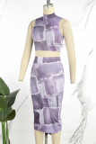 Grey Black Casual Print Basic Turtleneck Sleeveless Two Pieces