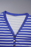 Blue Casual Striped Patchwork Buttons V Neck Plus Size Tops