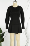 Black Casual Solid Backless O Neck Long Sleeve Dresses