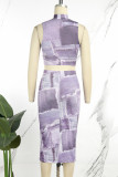 Grey Black Casual Print Basic Turtleneck Sleeveless Two Pieces