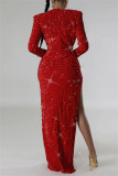 Red Sexy Patchwork Sequins Slit V Neck Long Sleeve Two Pieces