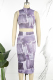 Grey Black Casual Print Basic Turtleneck Sleeveless Two Pieces