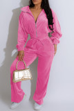 Pink Casual Solid Basic Zipper Collar Long Sleeve Two Pieces