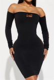 Green Sexy Casual Solid Hollowed Out Backless Off the Shoulder Long Sleeve Dresses