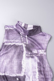 Grey Black Casual Print Basic Turtleneck Sleeveless Two Pieces
