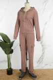Pink Casual Solid Basic Hooded Collar Long Sleeve Two Pieces