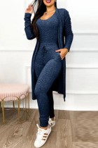 Blue Casual Solid Basic U Neck Long Sleeve Two Pieces