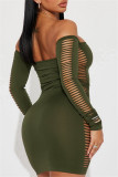 Green Sexy Casual Solid Hollowed Out Backless Off the Shoulder Long Sleeve Dresses