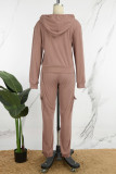 Pink Casual Solid Basic Hooded Collar Long Sleeve Two Pieces