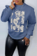 Gray Blue Casual Daily Print Patchwork O Neck Tops