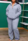 Grey Casual Solid Patchwork Draw String Pocket Turndown Collar Long Sleeve Two Pieces
