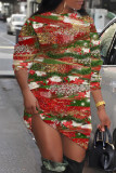 Red Green Casual Print Basic O Neck Long Sleeve Dresses