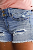 Blue Street Solid Ripped Patchwork Pocket Buttons Zipper Mid Waist Regular Denim Shorts