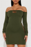Green Sexy Casual Solid Hollowed Out Backless Off the Shoulder Long Sleeve Dresses
