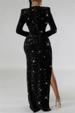 Black Sexy Patchwork Sequins Slit V Neck Long Sleeve Two Pieces