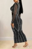 Black Sexy Patchwork Hot Drilling See-through V Neck Long Dress Dresses