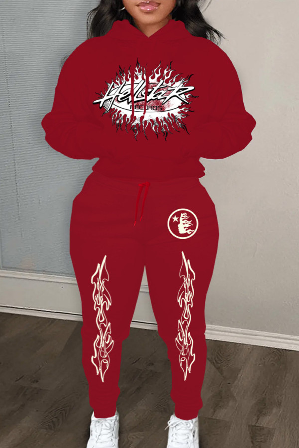 Red Casual Print Patchwork Draw String Pocket Hooded Collar Long Sleeve Two Pieces