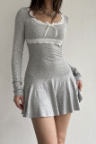 Black Sexy Solid Lace Patchwork With Bow U Neck Long Sleeve Dresses