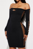 Green Sexy Casual Solid Hollowed Out Backless Off the Shoulder Long Sleeve Dresses