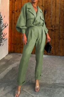 Army Green Casual Solid Patchwork Turndown Collar Long Sleeve Two Pieces
