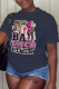 Navy Blue Casual Street Print Patchwork Letter O Neck T-Shirts