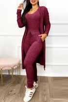 Red Casual Solid Basic U Neck Long Sleeve Two Pieces