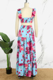Blue Elegant Solid Patchwork Boat Neck Sleeveless Two Pieces