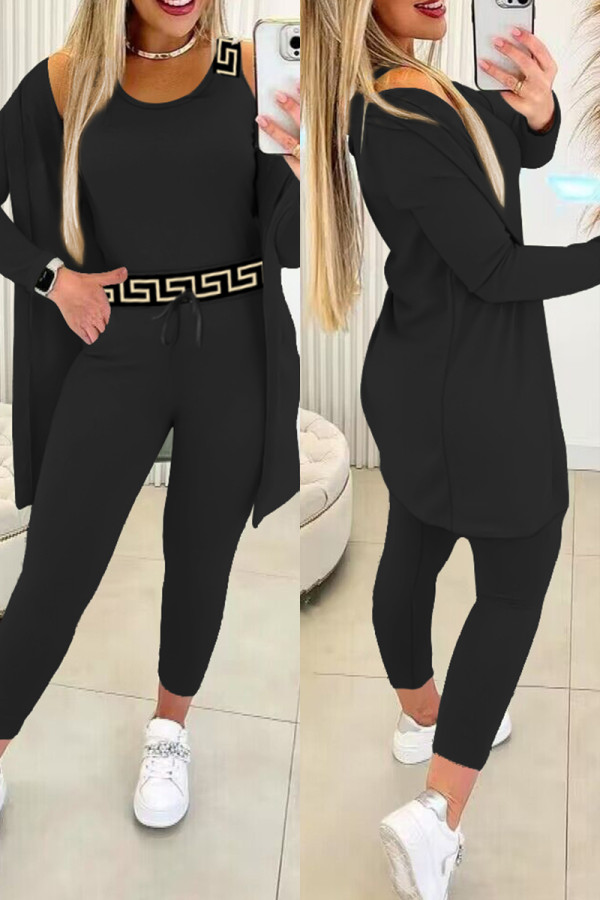 Black Casual Print Patchwork O Neck Long Sleeve Three Piece Set
