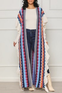 Blue Casual Striped Cardigan Outerwear