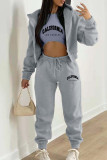 Grey Casual Print Patchwork Draw String Pocket Hooded Collar Long Sleeve Three Pieces