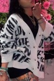 White Casual Letter Patchwork V Neck Outerwear