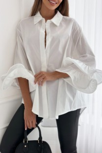 White Casual Solid Patchwork Shirt Collar Tops