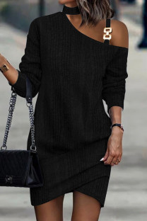 Black Casual Solid Basic Halter Long Sleeve Dresses