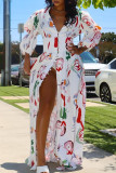 White Elegant Print Patchwork Buckle High Opening V Neck Printed Dress Dresses