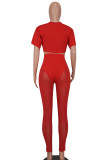 Red Street Solid Patchwork O Neck Short Sleeve Two Pieces
