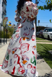 White Elegant Print Patchwork Buckle High Opening V Neck Printed Dress Dresses