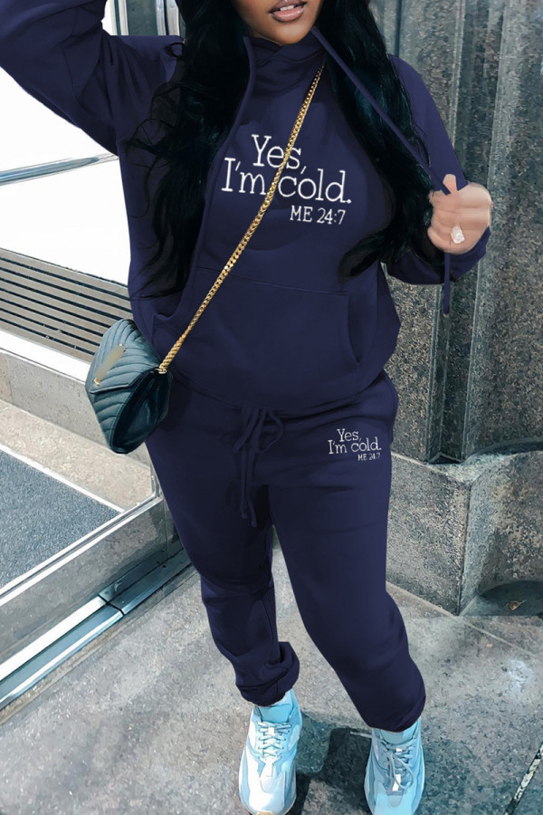 Navy Blue Casual Print Basic Hooded Collar Long Sleeve Two Pieces