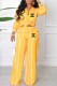 Yellow Casual Street Striped Print Letter Turndown Collar Long Sleeve Two Pieces
