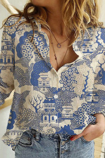 Blue Casual Print Patchwork Buckle Shirt Collar Tops