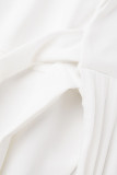 White Casual Solid Frenulum V Neck A Line Plus Size Dresses