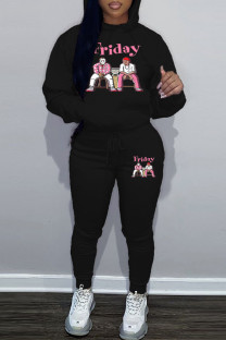 Black Casual Print Basic Hooded Collar Long Sleeve Two Pieces