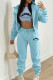 Lake Blue Casual Print Patchwork Draw String Pocket Hooded Collar Long Sleeve Three Pieces