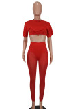 Red Street Solid Patchwork O Neck Short Sleeve Two Pieces
