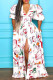 White Elegant Print Patchwork Buckle High Opening V Neck Printed Dress Dresses